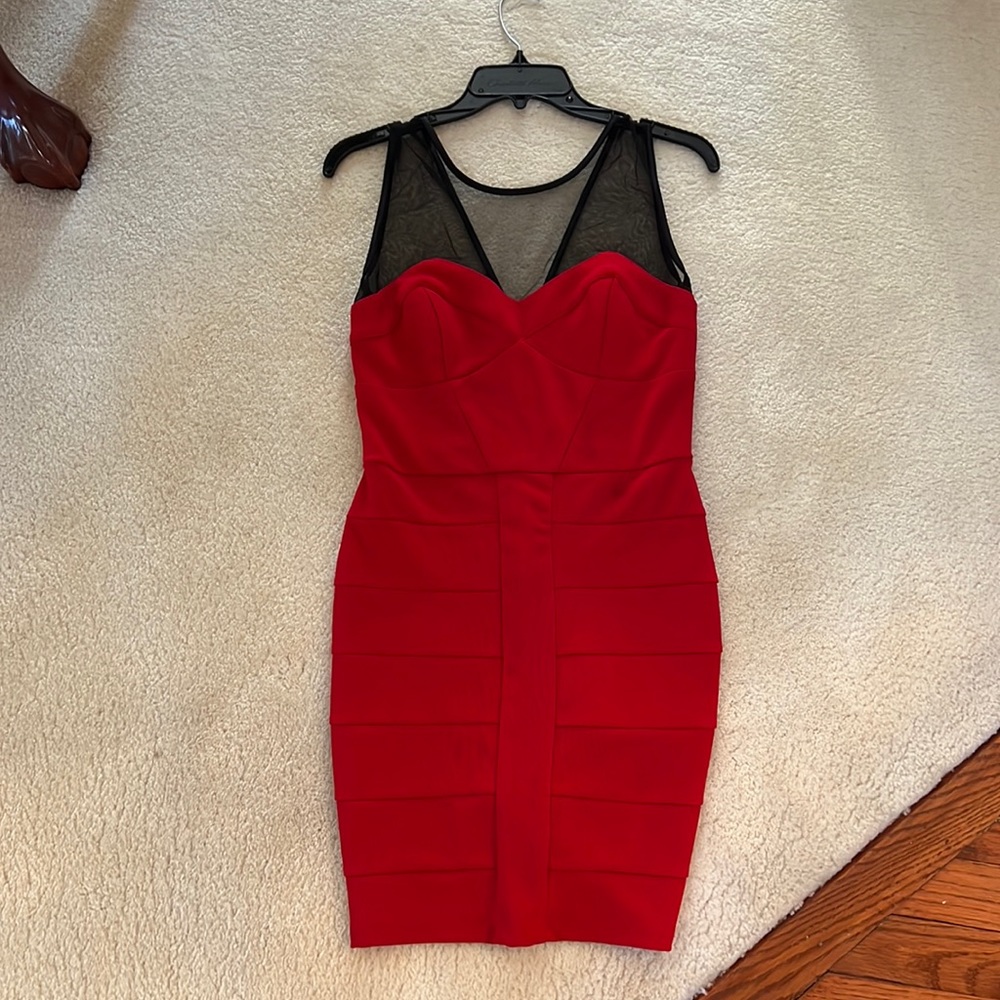 Red Dress with Black Mesh Neckline